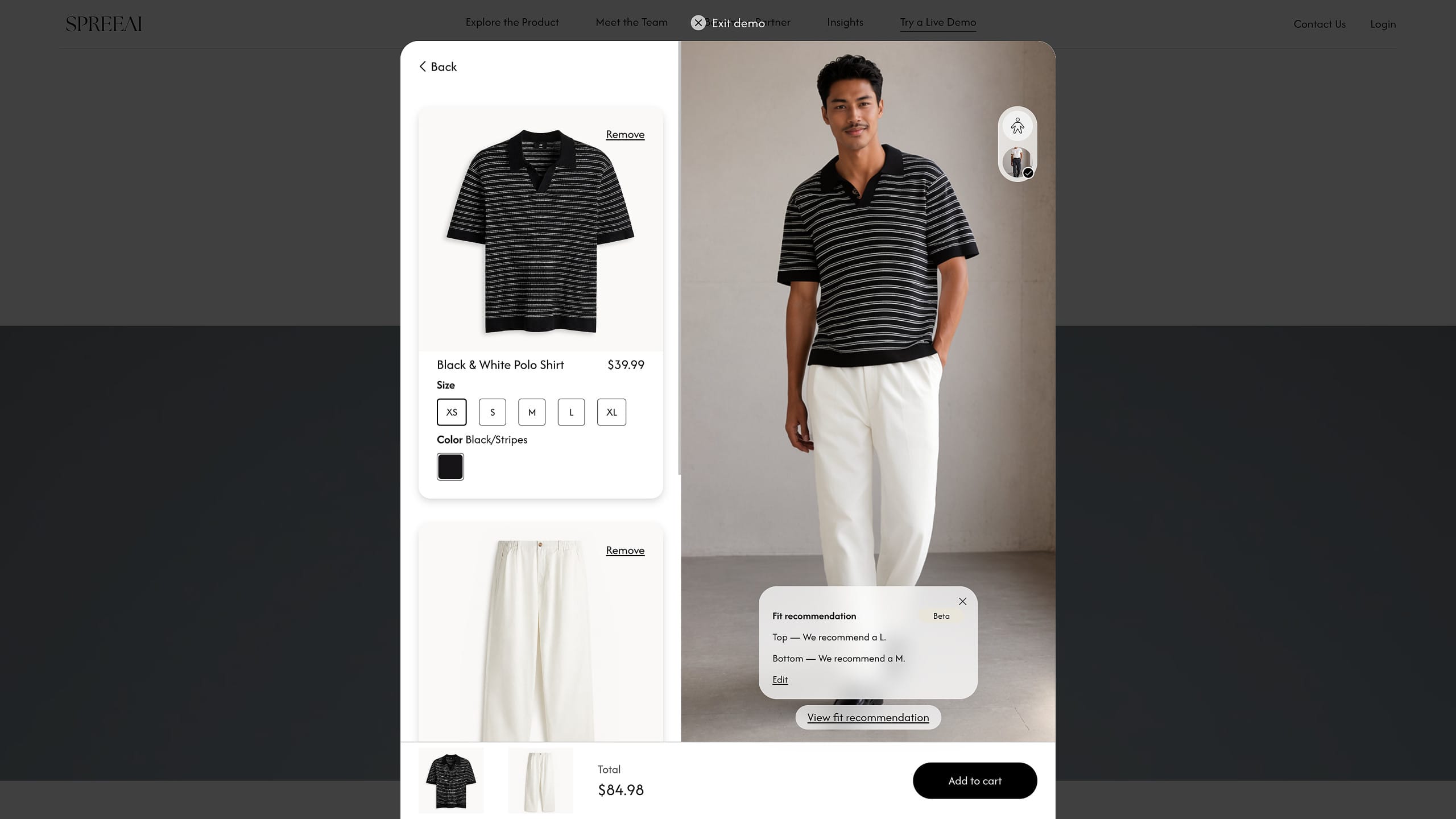 SPREEAI virtual try-on demo showing a model in a striped polo with fit recommendations