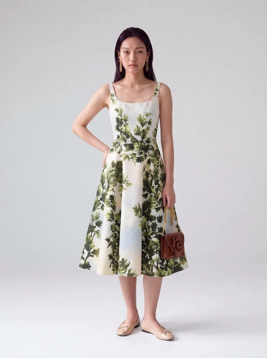 Yuna wearing the Maple Leaves dress, chandelier earrings and Mini TRO bag