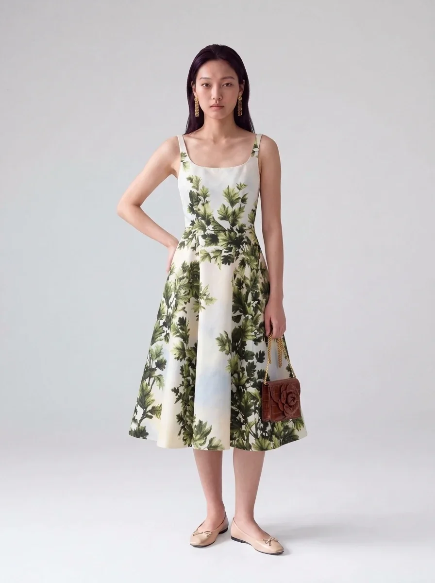 Yuna wearing the Maple Leaves dress, chandelier earrings and Mini TRO bag