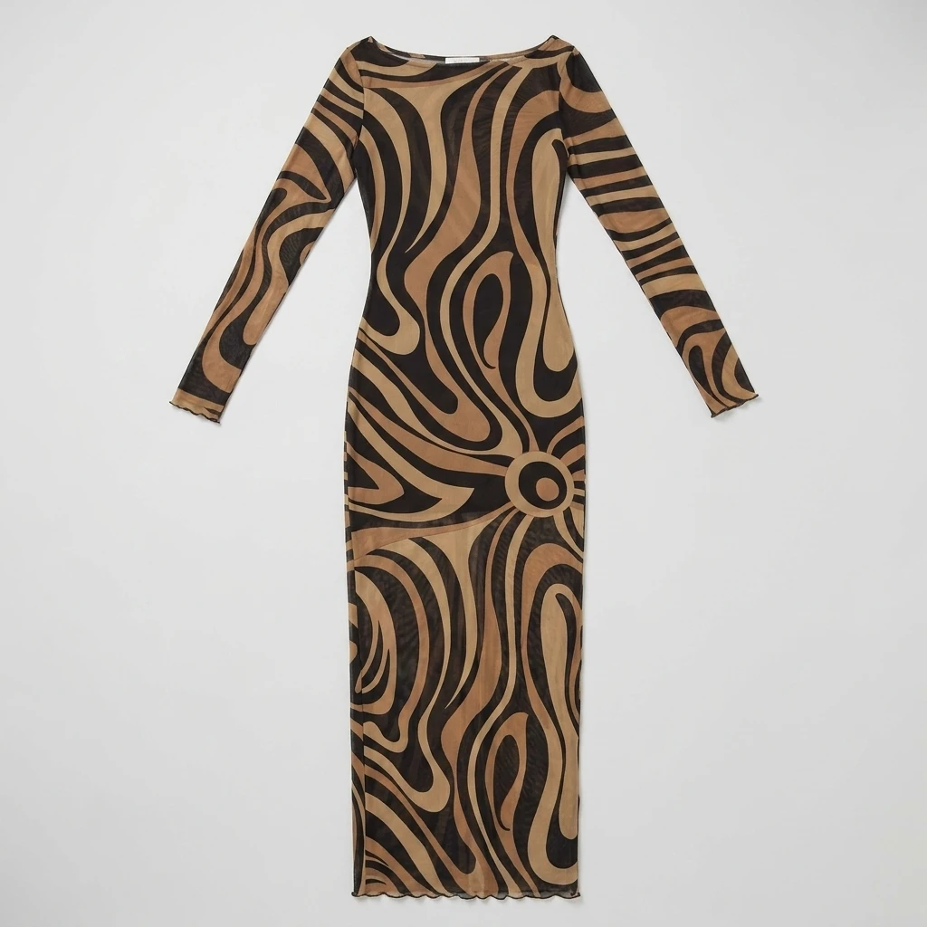 Printed Mesh Maxi Dress