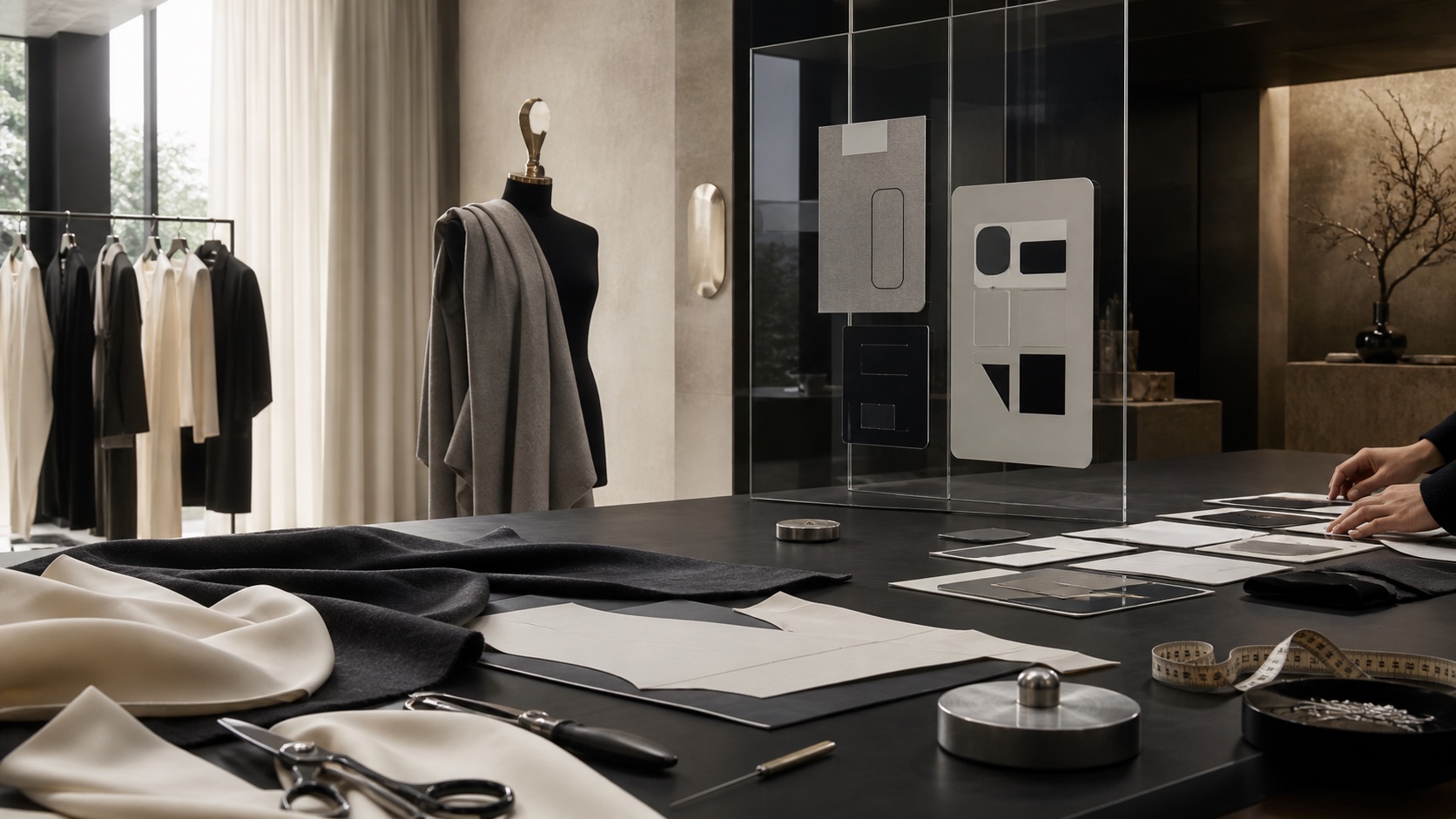 A fashion atelier where fabric, tailoring tools and modular interface concepts are developed together