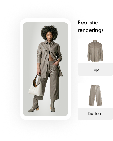 AI-generated outfit on a model showing a complete top and bottom clothing set on mobile