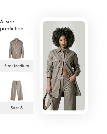 SPREEAI mobile app showing AI size predictions for an apparel outfit — a top recommended in Size Medium and pants in Size 8, displayed alongside a model wearing the coordinated taupe set