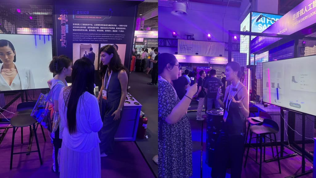 Visitors speaking with the SPREEAI team and exploring a live shopping demonstration at WAIC 2026 in Shanghai.